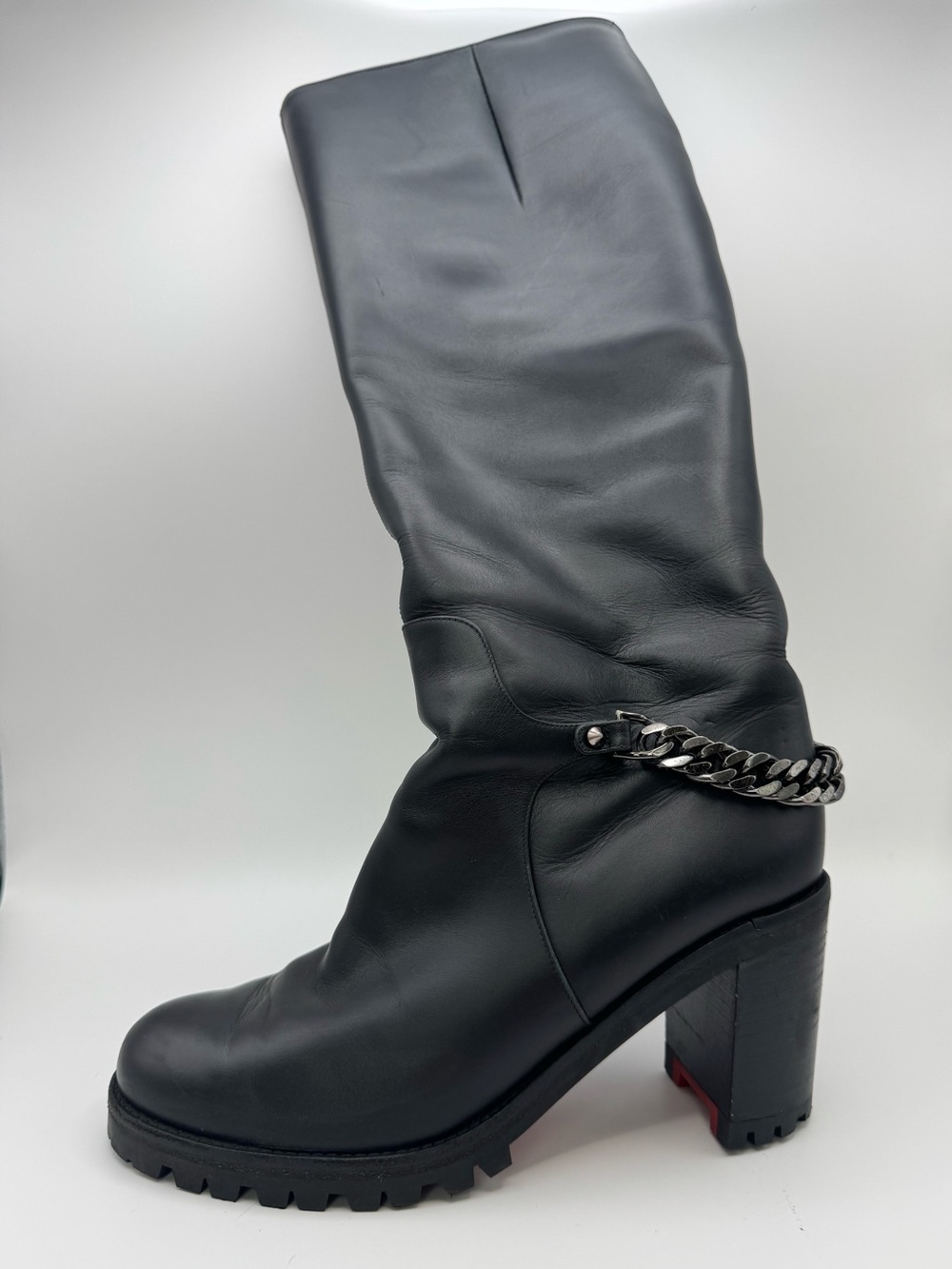 Christian Louboutin Napoleo 70 Black Leather Chain Knee Boot EU 36 Red Sole